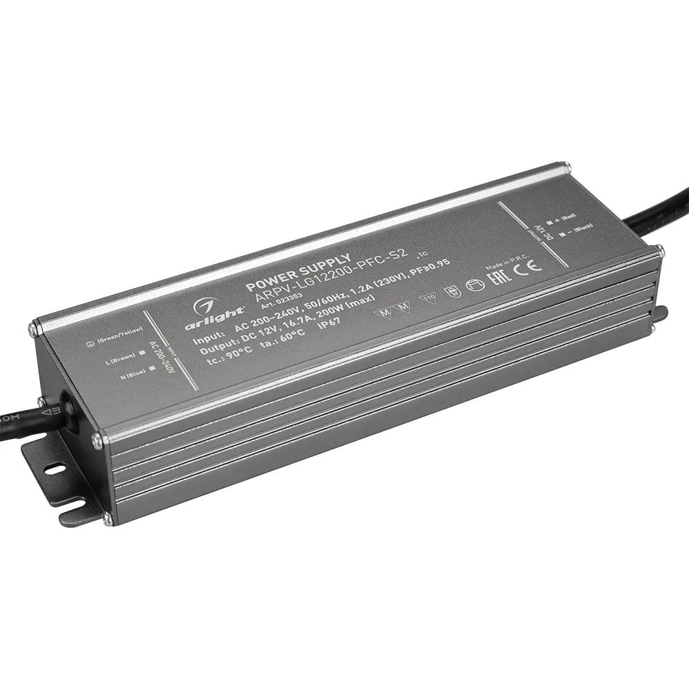 Блок питания ARPV-LG12200-PFC-S2 (12V, 16.7A, 200W) (Arlight, IP67 Металл, 5 лет) - изображение товара